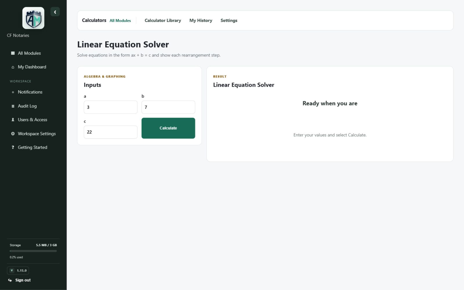 Calculators — Advanced algebra result with shown work