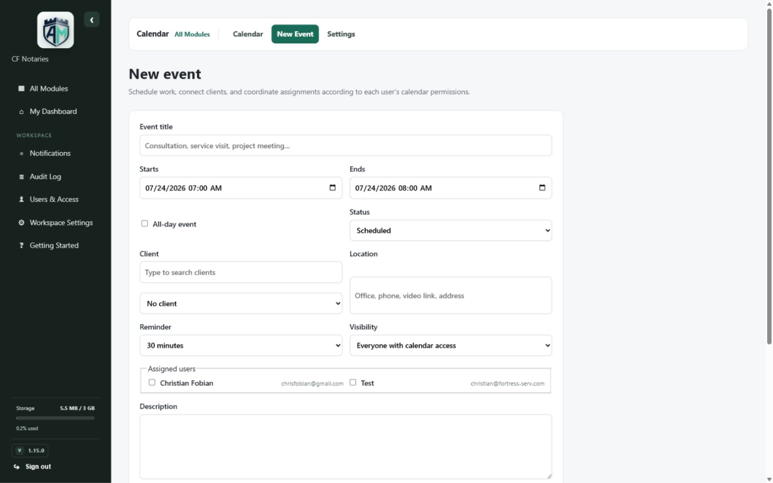 Calendar — Create or edit event