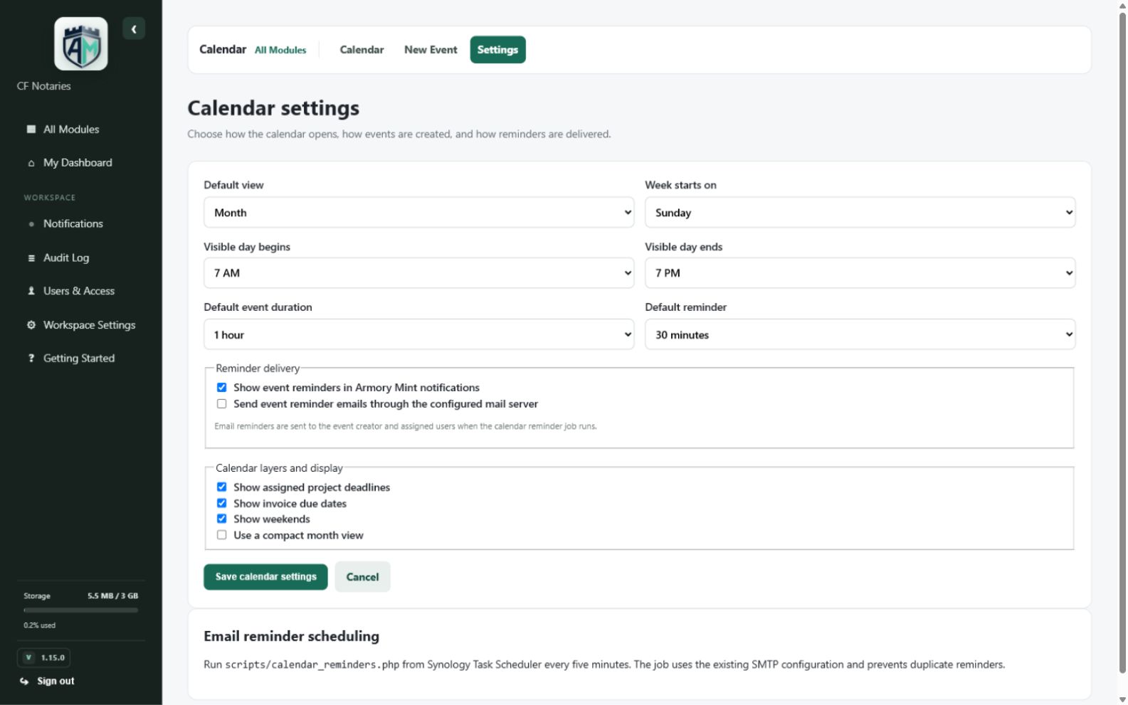 Calendar — Calendar settings and reminders