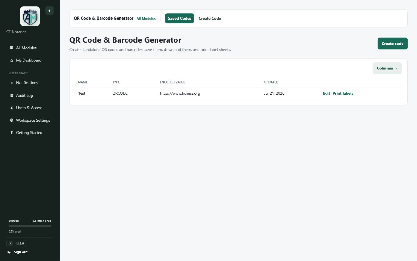 QR Code & Barcode Generator — Saved code library