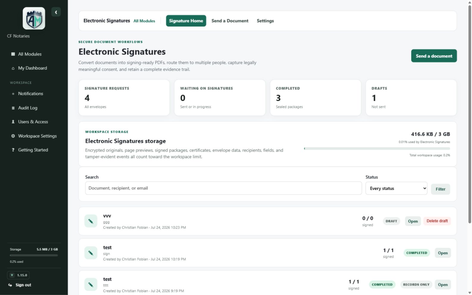 Electronic Signatures — Signature request dashboard