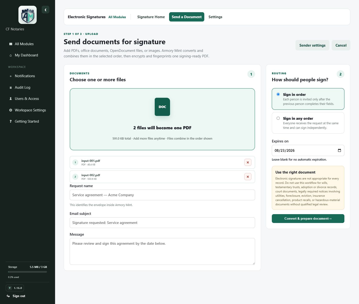Electronic Signatures — Multi-document intake and routing
