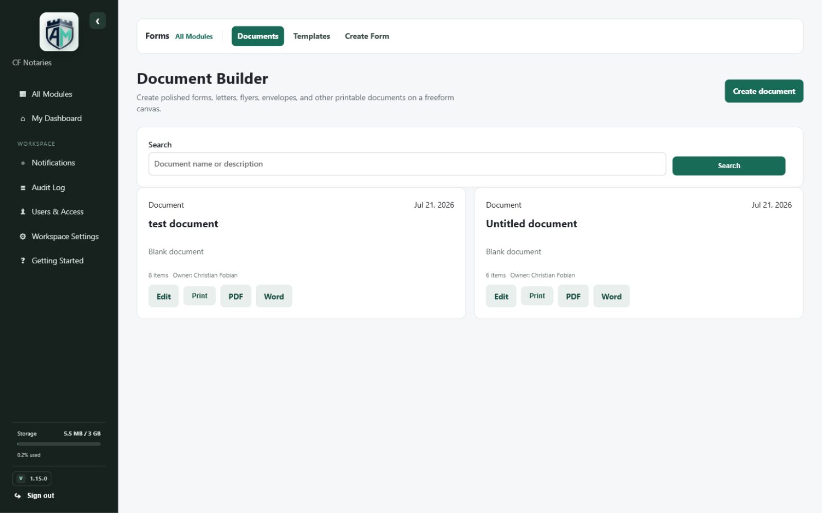 Forms & Document Builder — Document builder workspace