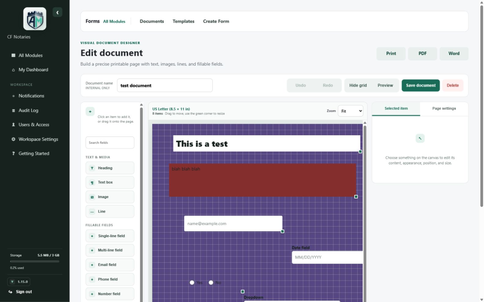 Forms & Document Builder — Item and property controls