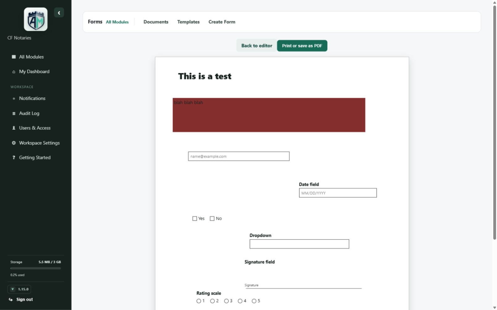 Forms & Document Builder — Preview and output actions
