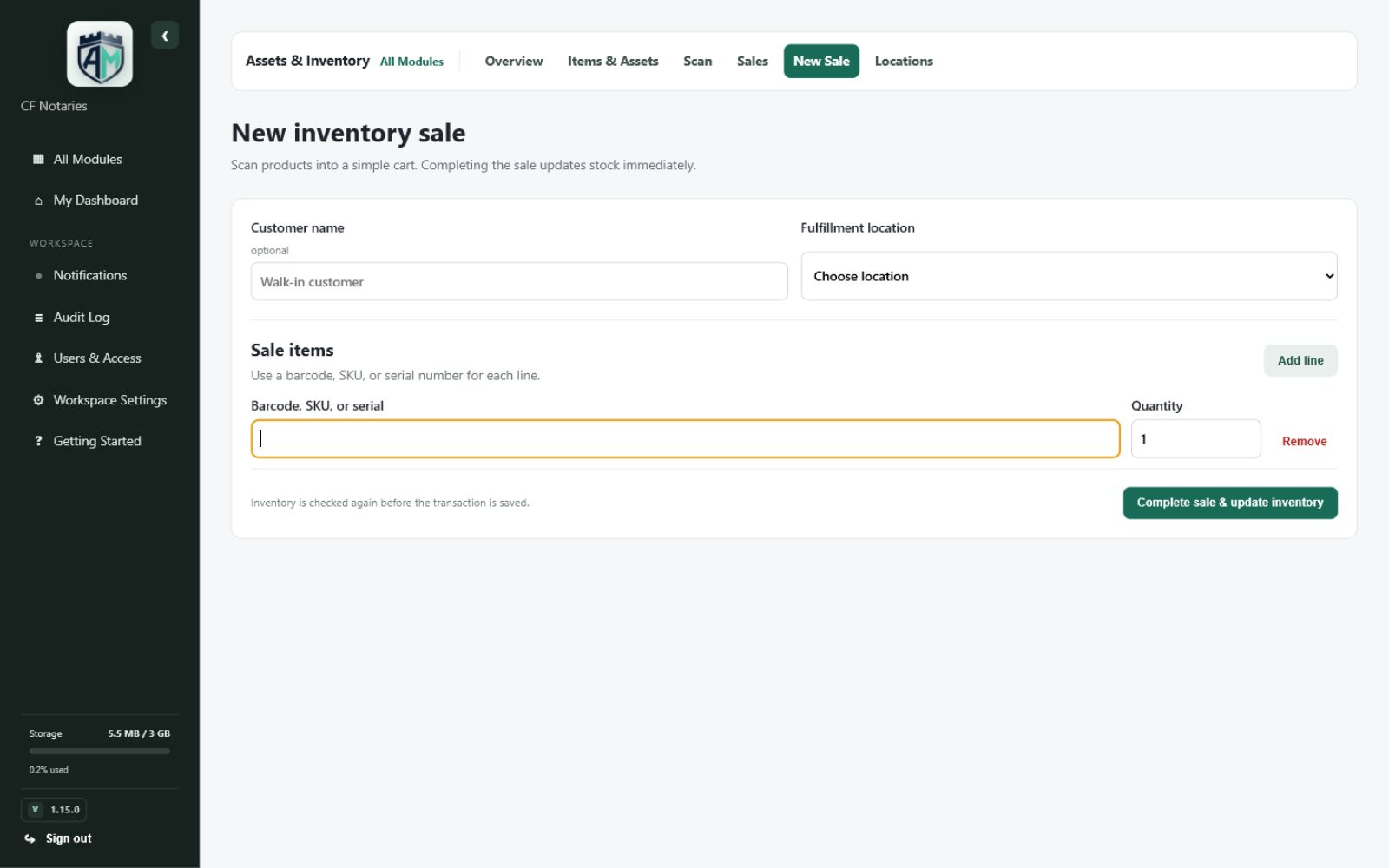Assets & Inventory — Barcode scanning or checkout