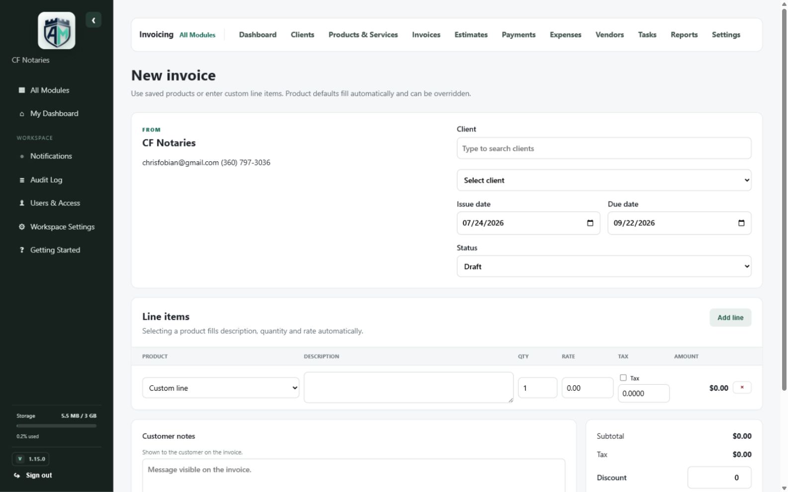 Invoicing — Invoice editor with line items