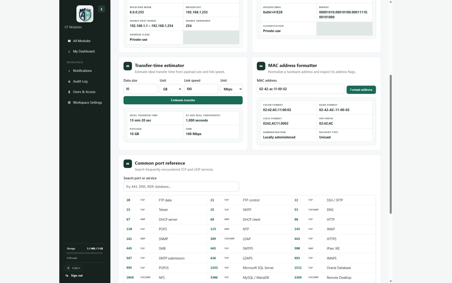 Network Utilities — IPv4 subnet planner results