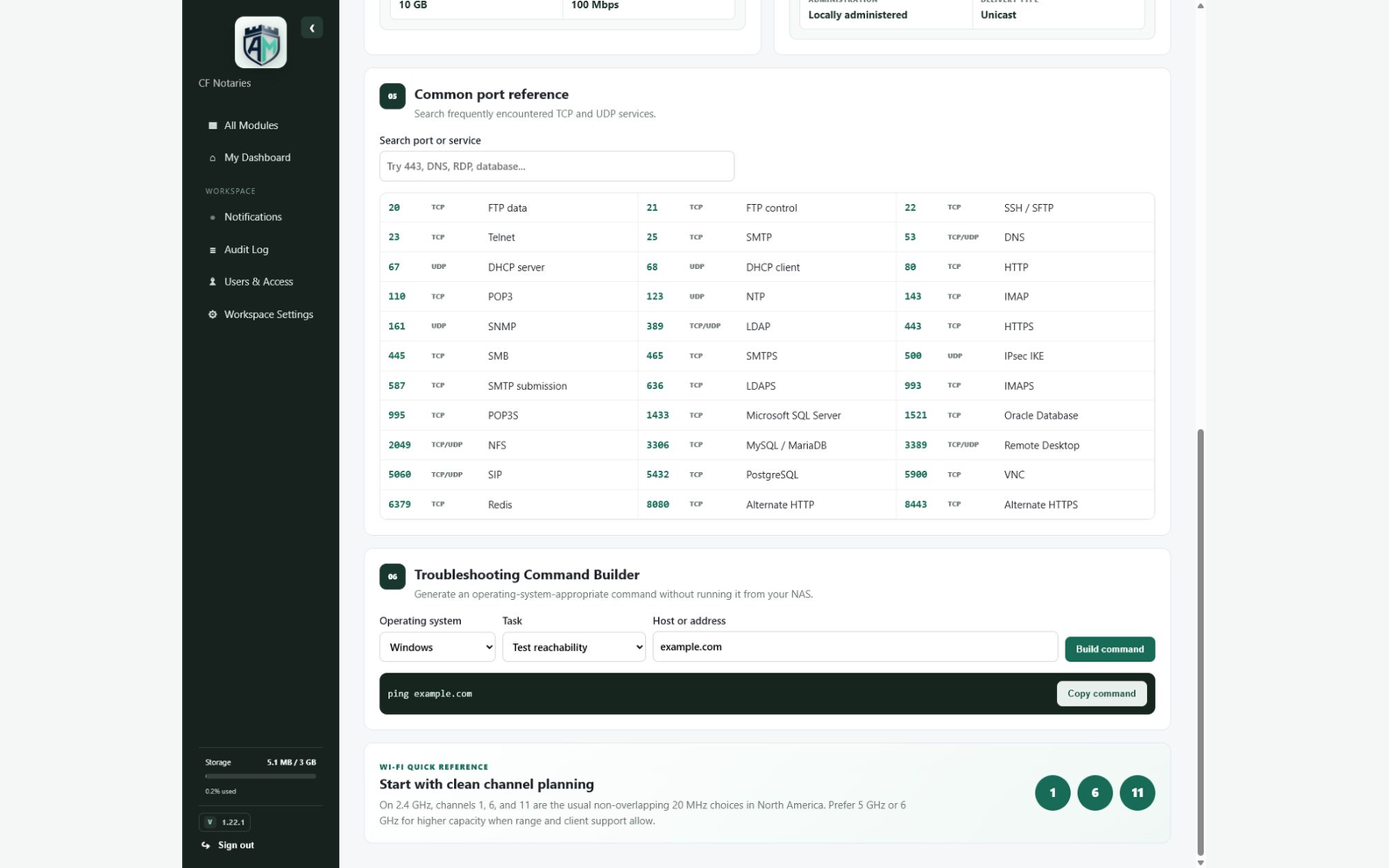 Network Utilities — Port reference and command builder