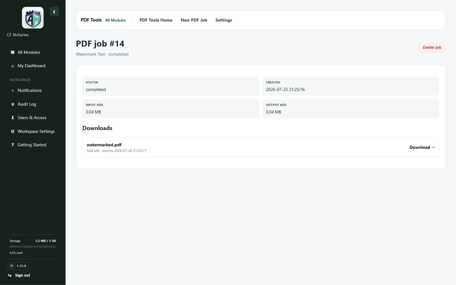 PDF Tools — Completed job and downloads