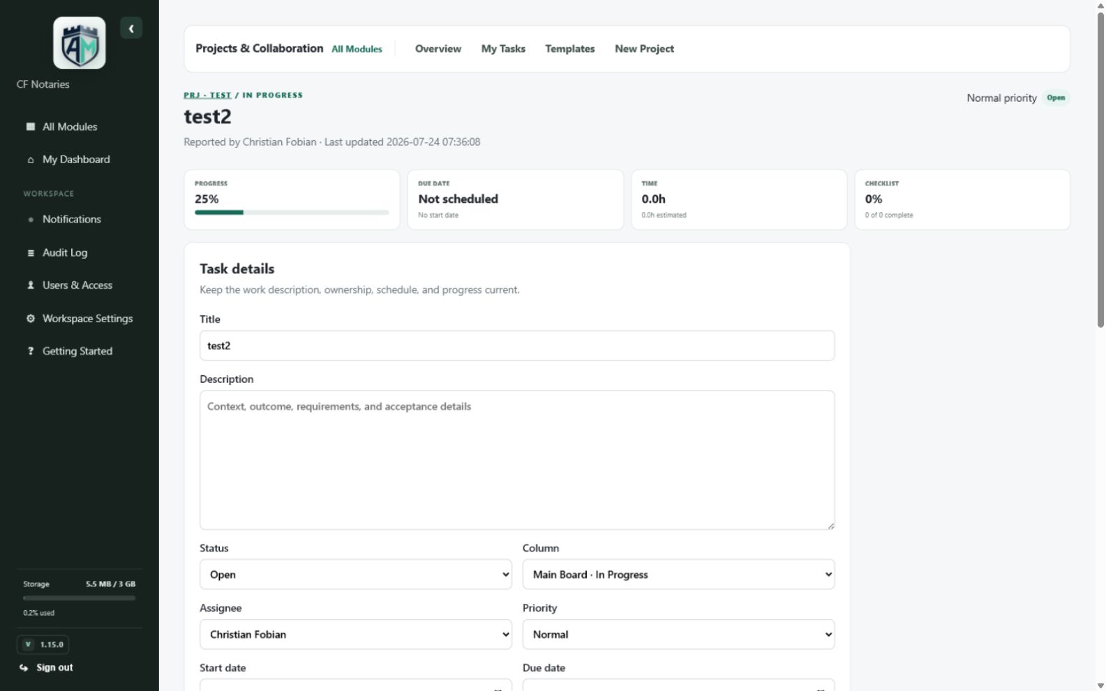 Projects & Collaboration — Task detail with checklist and comments
