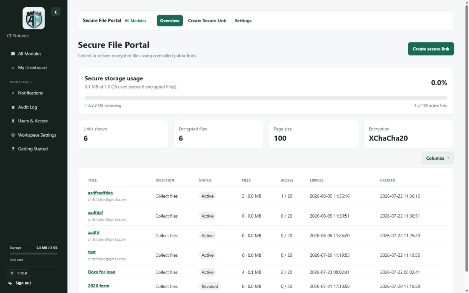 Secure File Portal — Secure portal dashboard