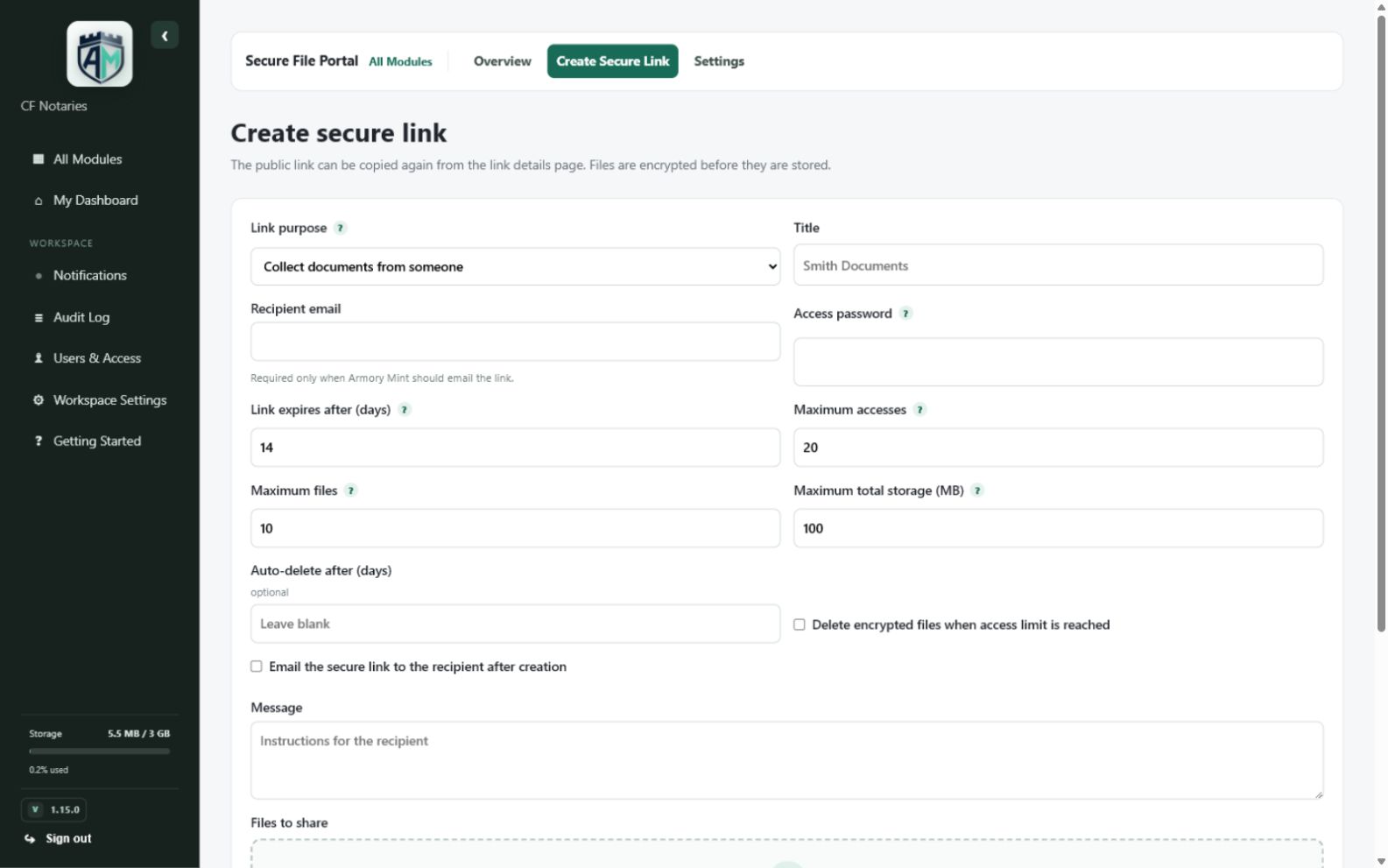 Secure File Portal — Create-link settings