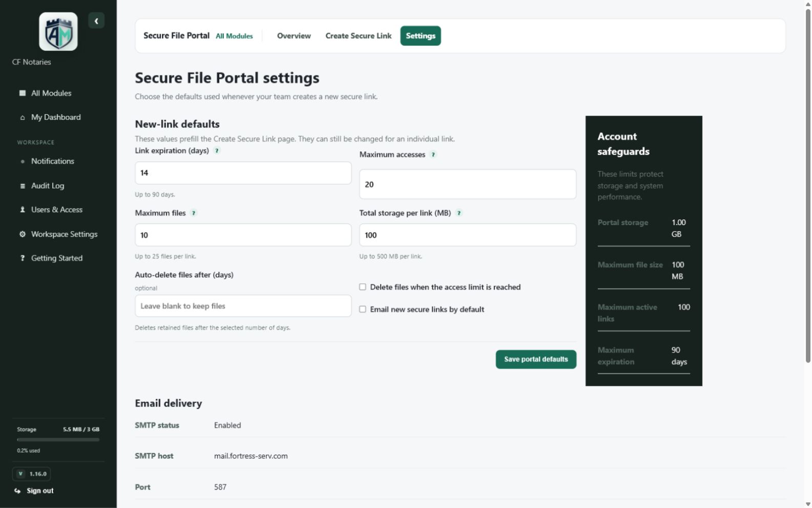 Secure File Portal — Portal email and retention settings