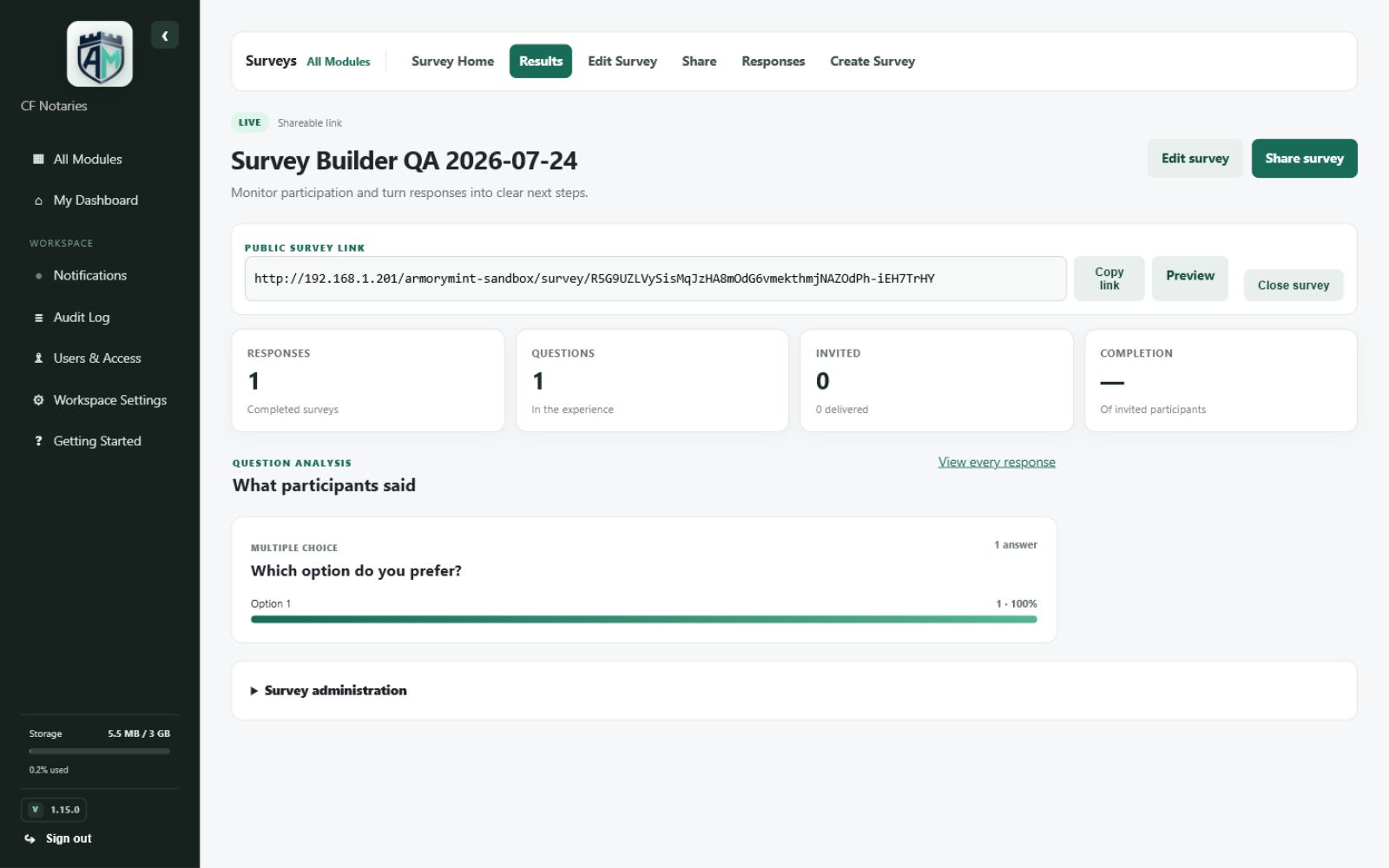 Surveys — Survey results dashboard