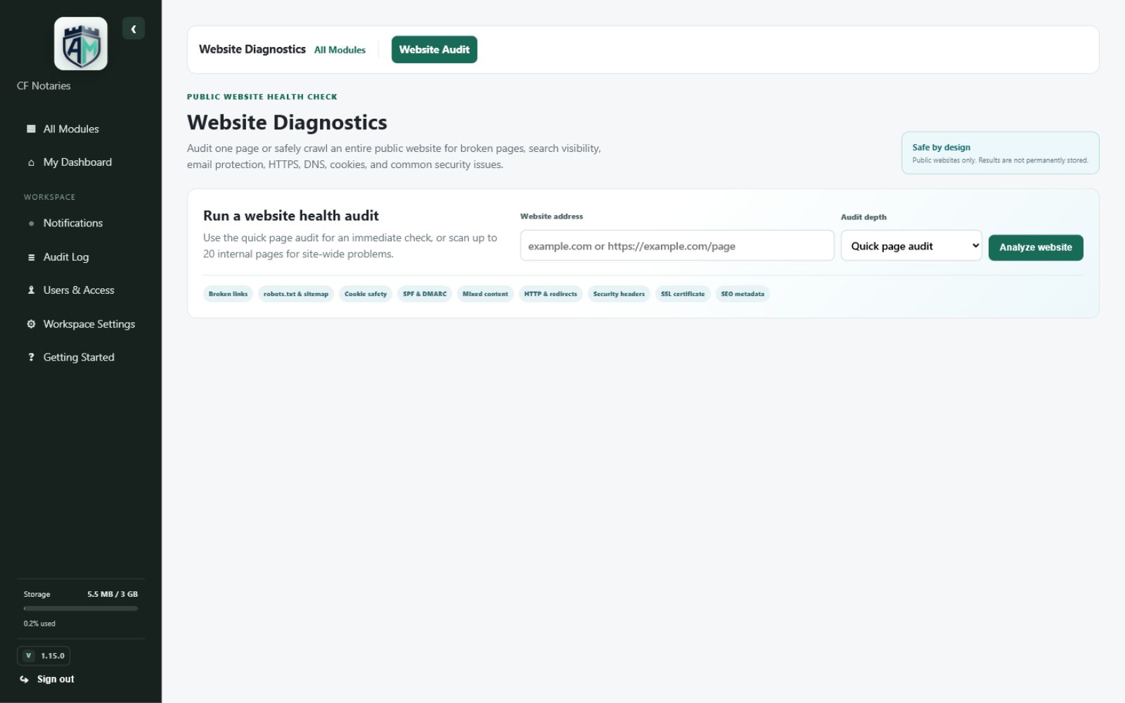 Website Diagnostics — Quick and site-wide audit options